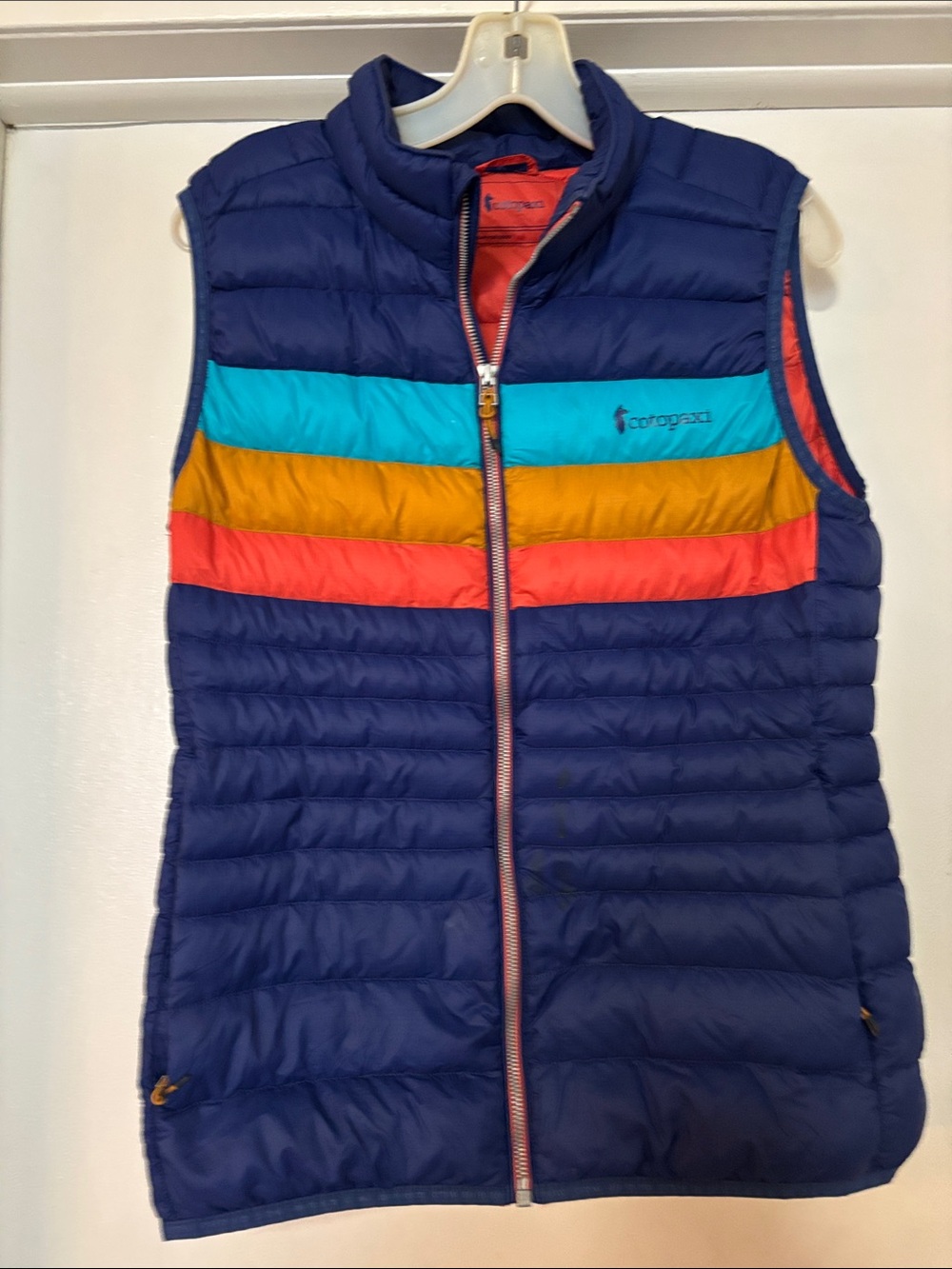cotopaxi Women’s Large Packable Vest with Turquoise, Mustard & Coral Stripes